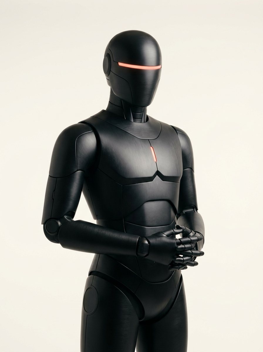 A Syzero humanoid robot — matte black with a coral visor line